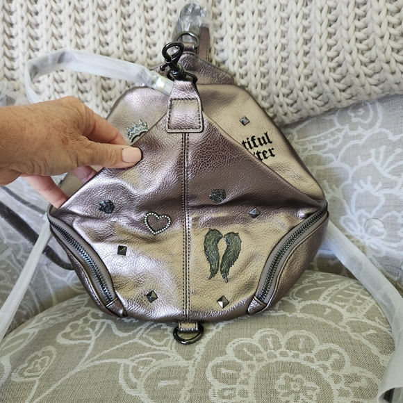 Beautiful Disaster Mini Angel Backpack Bag Purse Pewter Metallic Edgy Punk NWT - Picture 5 of 16